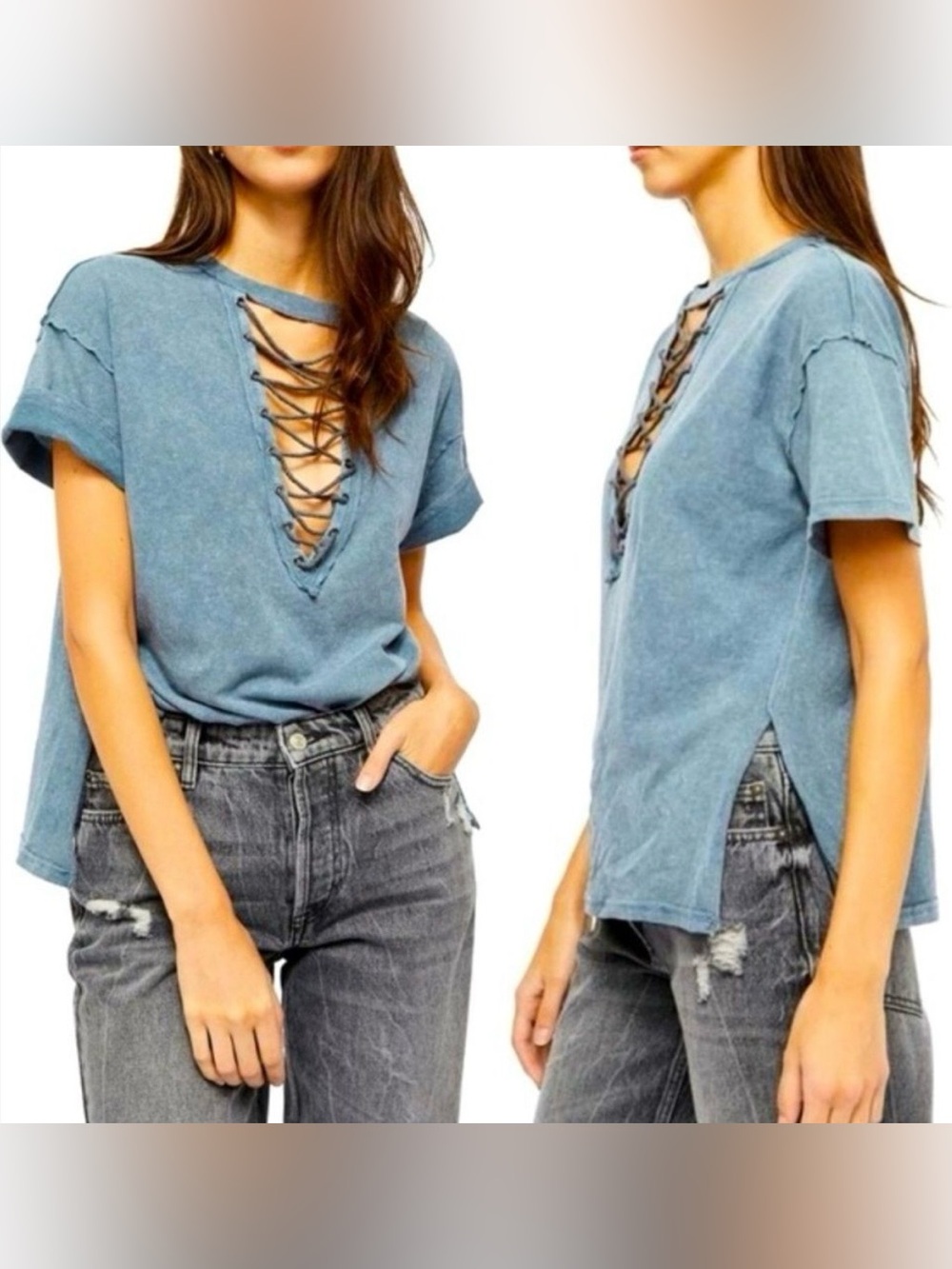 We The Free Azalea Lace Up oversized tee in Dust Navy